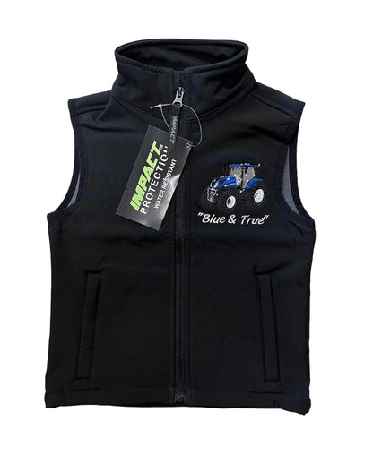 Kids Impact Black Softshell Bodywarmer – Blue Tractor & Blue Sliage Trailer
