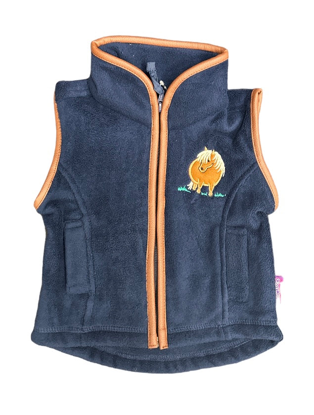 Girls' Pony Fleece Gilet in Navy with Brown Trim