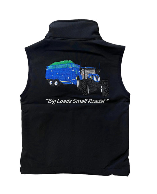 Kids Impact Black Softshell Bodywarmer – Blue Tractor & Blue Sliage Trailer