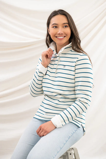 Lighthouse Haven Quarter Stud Jersey Sweatshirt in Teal Stripe