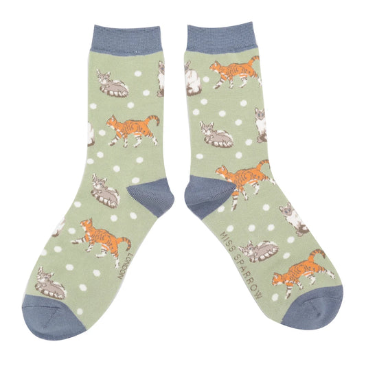 Miss Sparrow Cats & Spots Sage Bamboo Socks