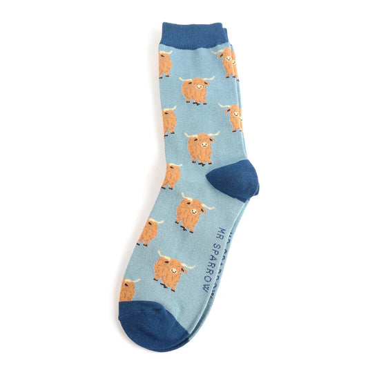 Mr Sparrow Highland Herd Blue Bamboo Socks