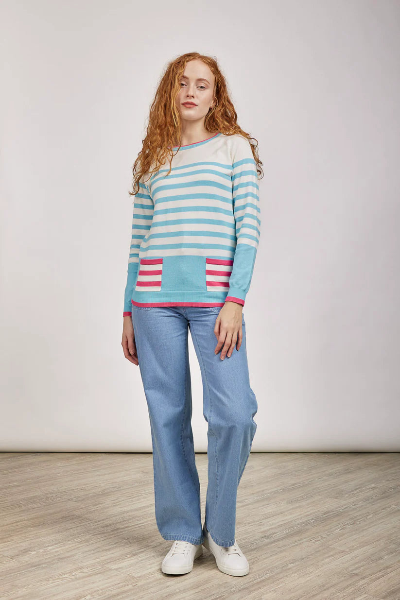 MudFlower Ladies Stripe Jumper With Pockets 415 in Aruba Blue