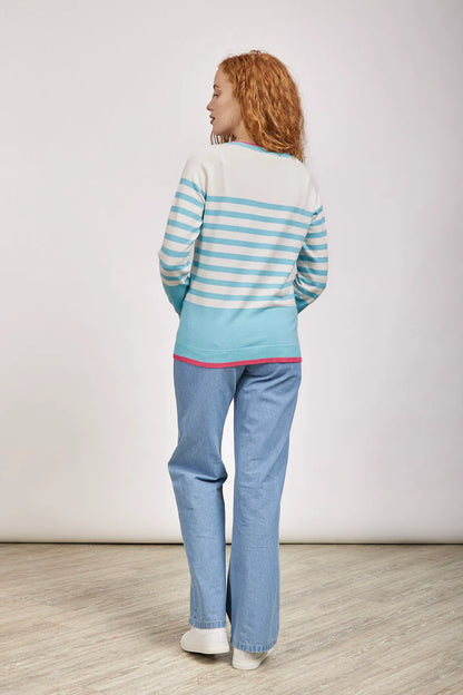 MudFlower Ladies Stripe Jumper With Pockets 415 in Aruba Blue