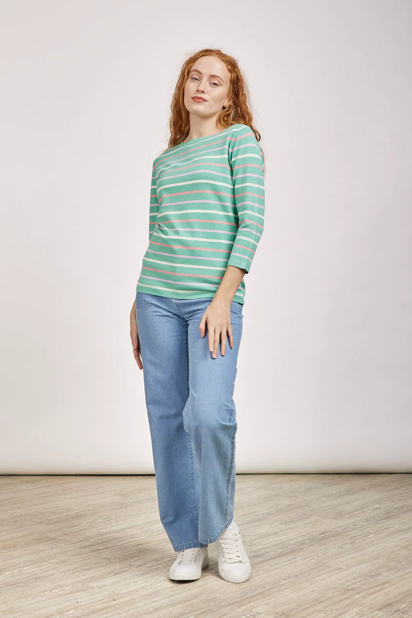 MudFlower Ladies Boat Neck Stripe Jumper 412 in Green