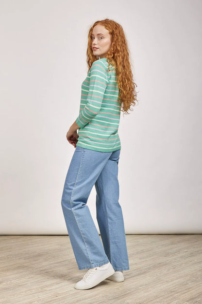 MudFlower Ladies Boat Neck Stripe Jumper 412 in Green