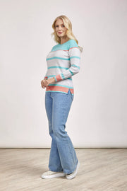 MudFlower Ladies Nep Raglan Stripe Jumper 411 in Baltic Sea Blue