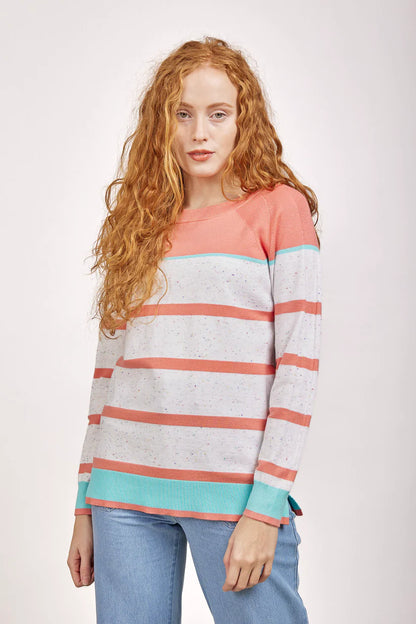 MudFlower Ladies Nep Raglan Stripe Jumper 411 in Coral