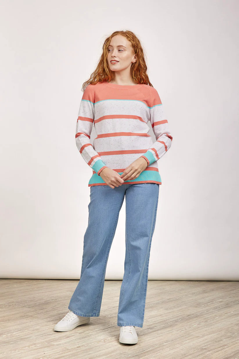 MudFlower Ladies Nep Raglan Stripe Jumper 411 in Coral