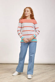 MudFlower Ladies Nep Raglan Stripe Jumper 411 in Coral