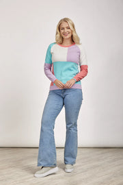 MudFlower Ladies Colour Block Pointelle Jumper 414 in Orchid Bloom
