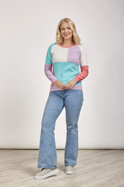 MudFlower Ladies Colour Block Pointelle Jumper 414 in Orchid Bloom