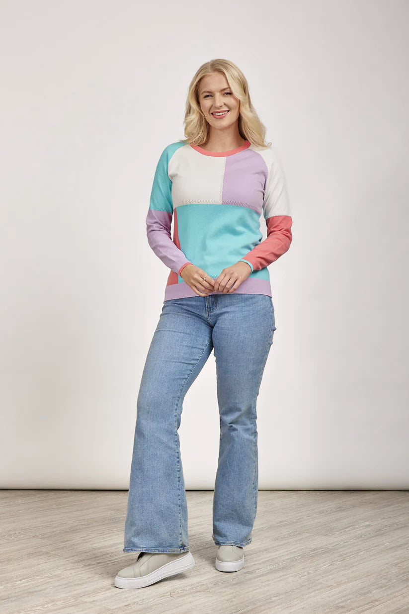 MudFlower Ladies Colour Block Pointelle Jumper 414 in Orchid Bloom