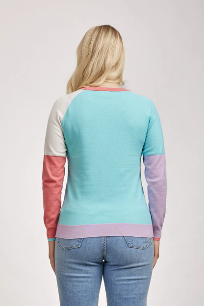 MudFlower Ladies Colour Block Pointelle Jumper 414 in Orchid Bloom