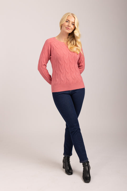 Mud Flower Ladies Green Bay Raglan Cable Jumper Mauvewood