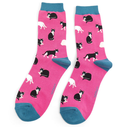 Miss Sparrow Black & White Cats Socks Fuchsia