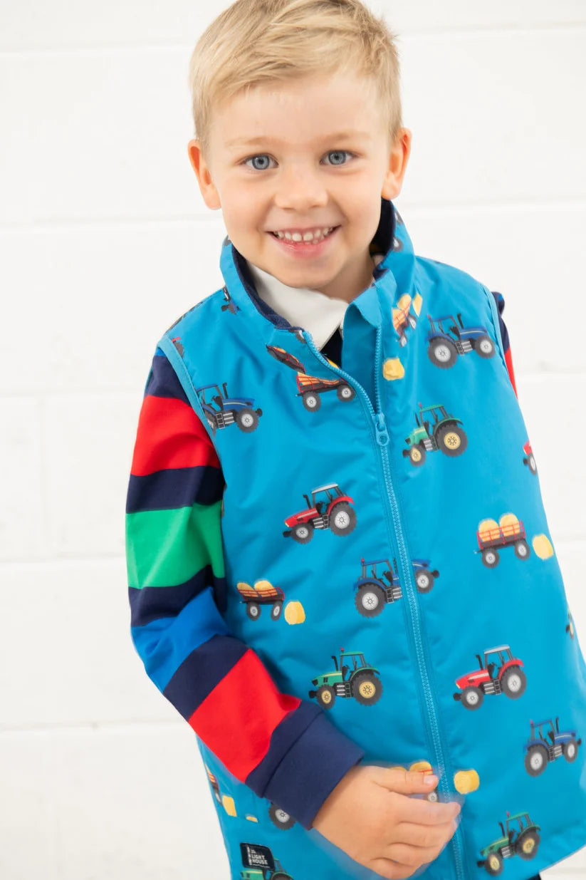 Lighthouse Children's Alex Gilet - New Blue Tractor Print