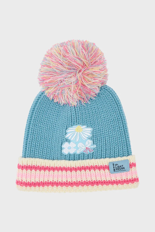 Lighthouse Children’s Bobbie Bobble Hat - Blue / Pink with Daisy