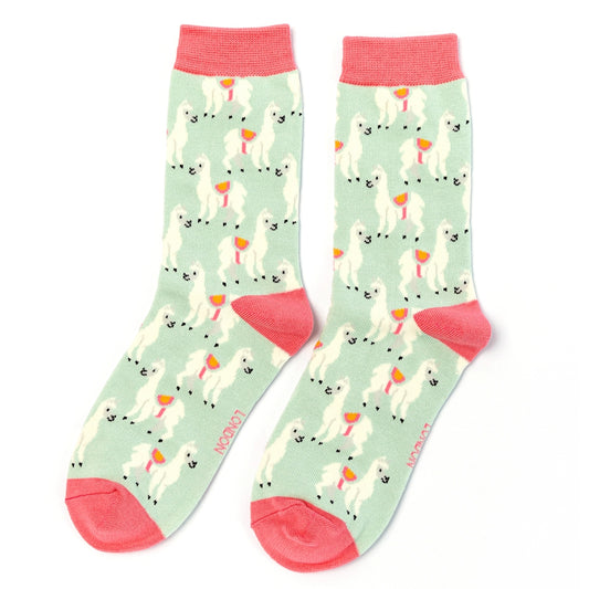 Miss Sparrow Llamas Duck Egg Bamboo Socks