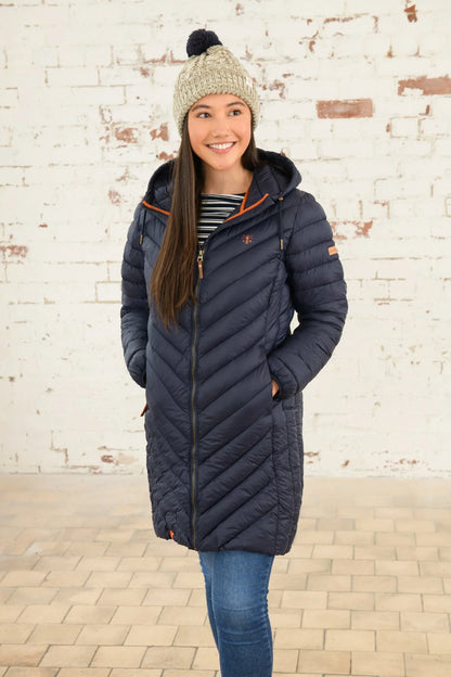 Lighthouse Laurel Mid-Length Coat in Navy Blue With Orange Logo