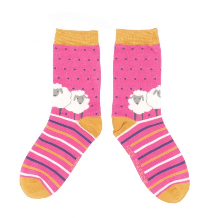 Miss Sparrow Hot Pink Sheep Friends Bamboo Socks