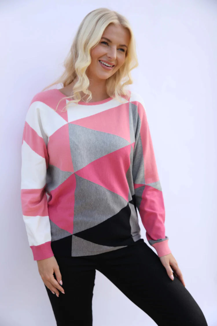 MudFlower Ladies Triangle Colour Block Batwing Jumper  Pink Combo