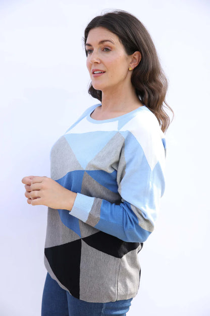 MudFlower Ladies Triangle Colour Block Batwing Jumper  Blue Combo