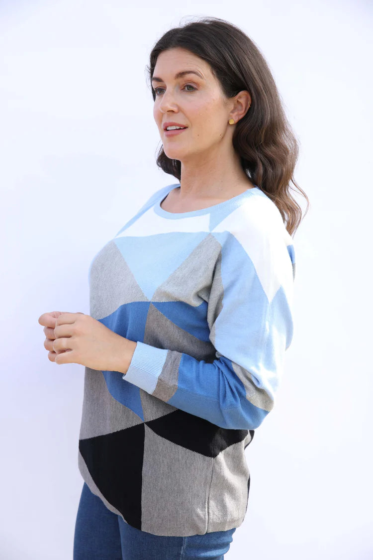 MudFlower Ladies Triangle Colour Block Batwing Jumper  Blue Combo