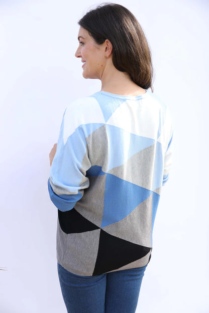 MudFlower Ladies Triangle Colour Block Batwing Jumper  Blue Combo