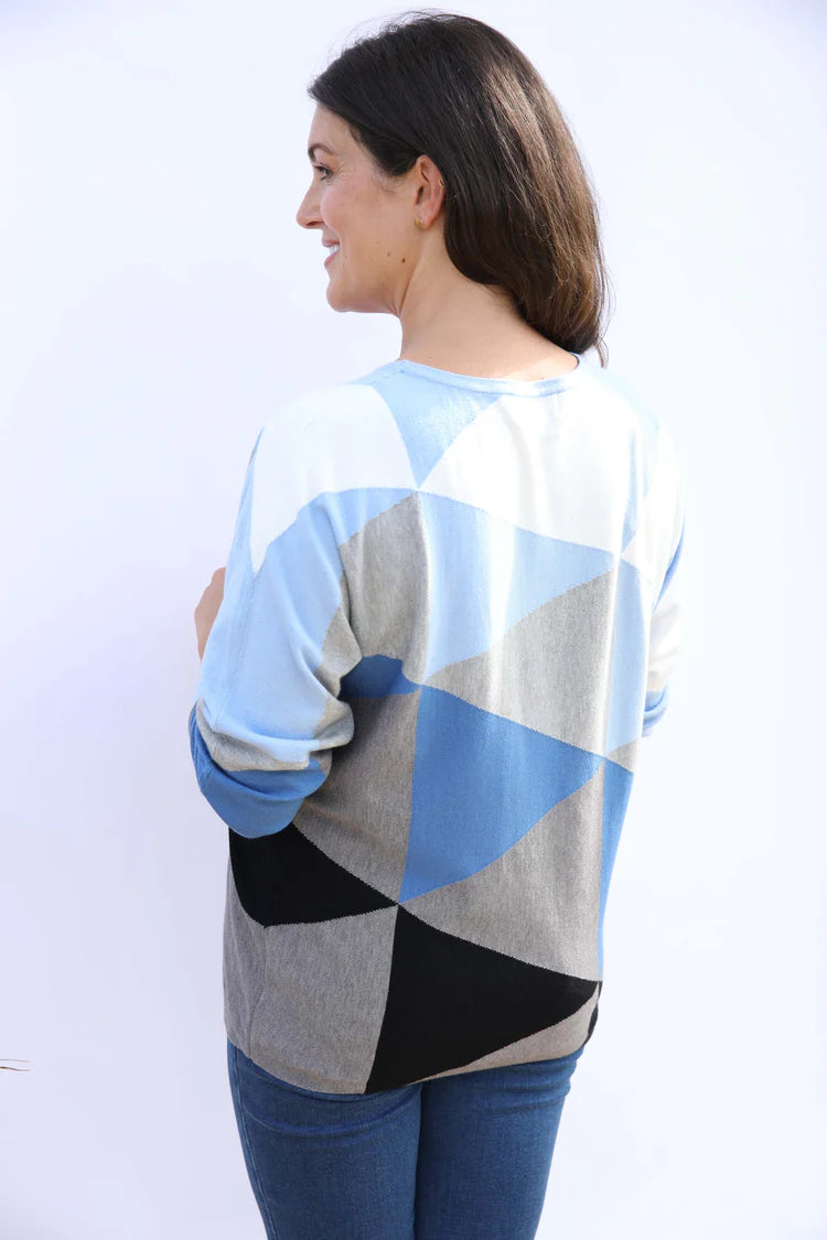 MudFlower Ladies Triangle Colour Block Batwing Jumper  Blue Combo
