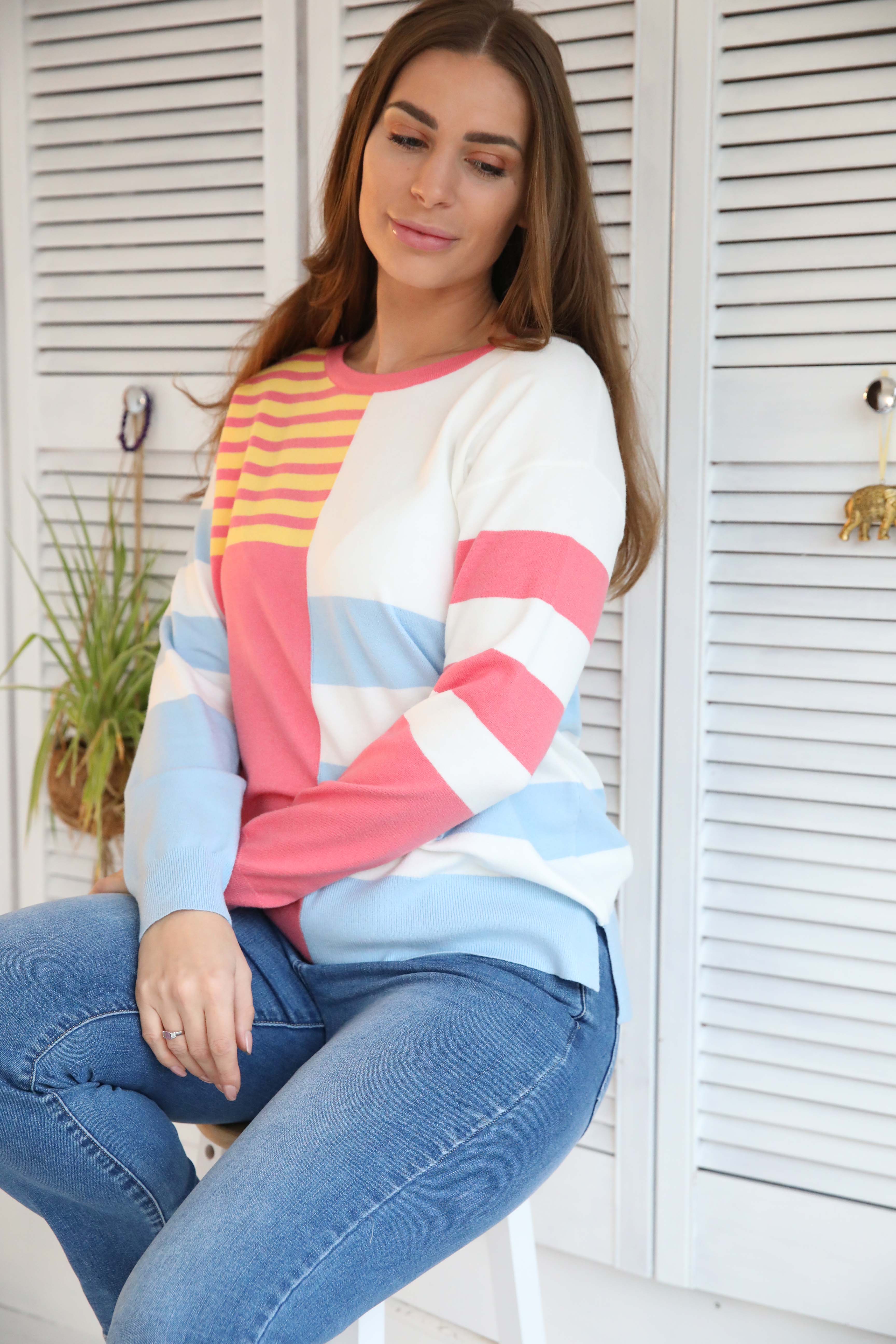 MudFlower Ladies Stripe & Colour Block Jumper with Heatstone 726  -  Coral Combo