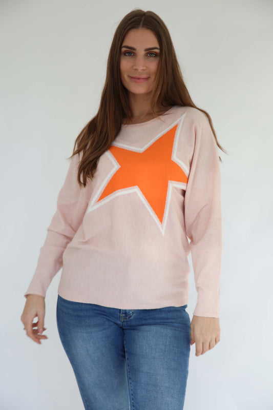 MudFlower Ladies Star Colour Block Batwing Jumper  722  -  Peach Melange