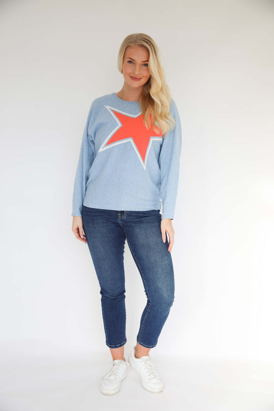 MudFlower Ladies Star Colour Block Batwing Jumper 722  -  Cool Blue