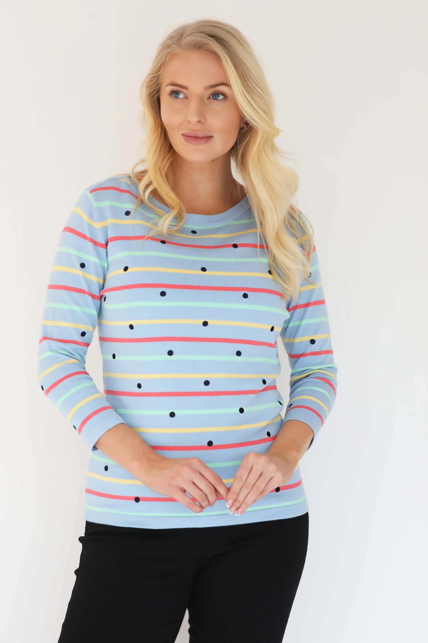 MudFlower Ladies Polkadot Stripe Detail Jumper  Cool Blue Combo