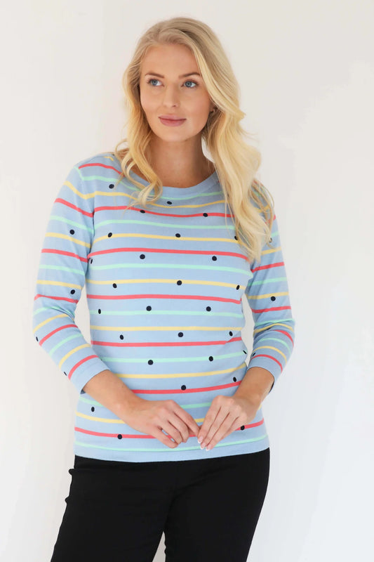 MudFlower Ladies Polkadot Stripe Detail Jumper  Cool Blue Combo