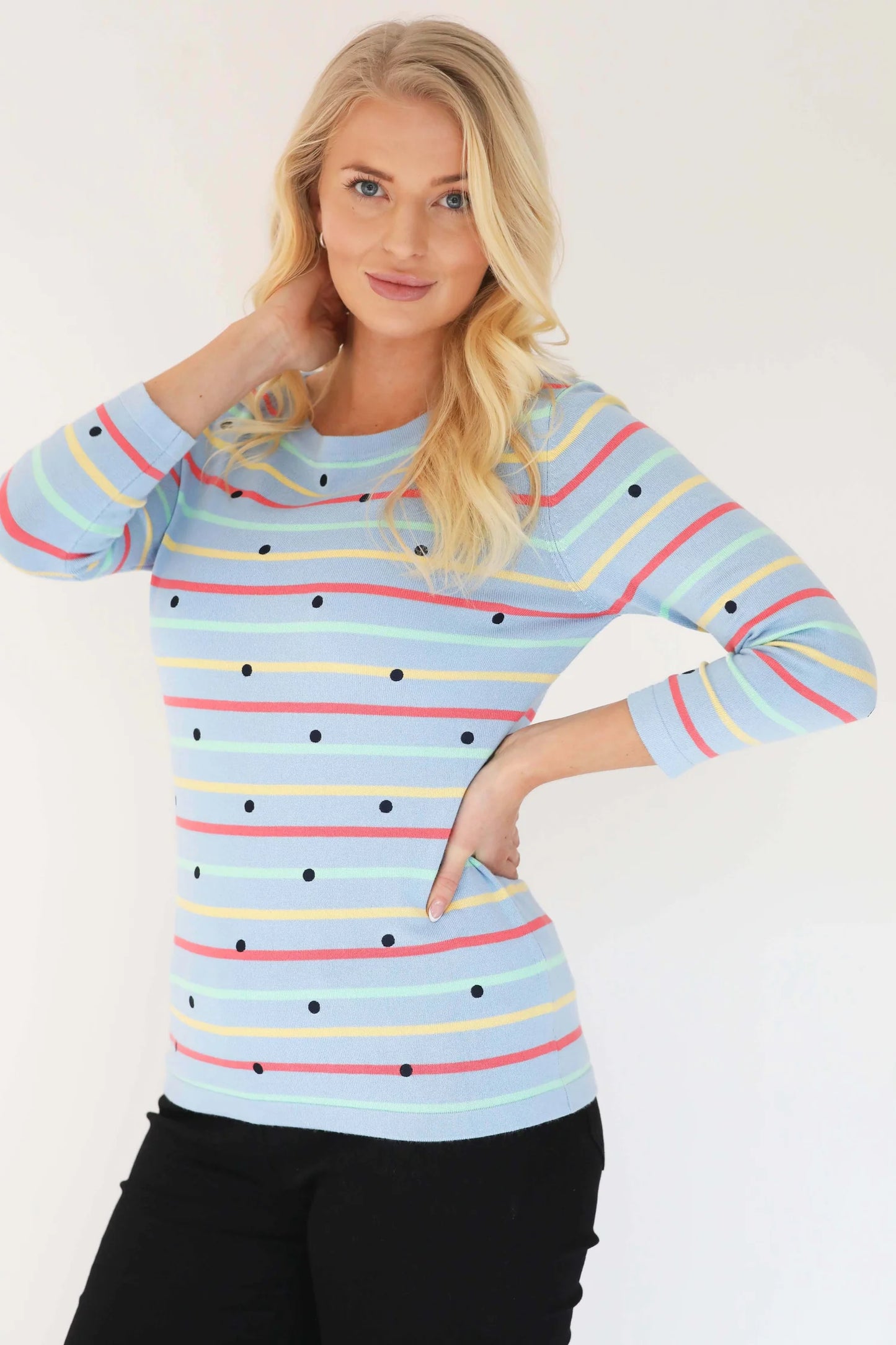 MudFlower Ladies Polkadot Stripe Detail Jumper  Cool Blue Combo