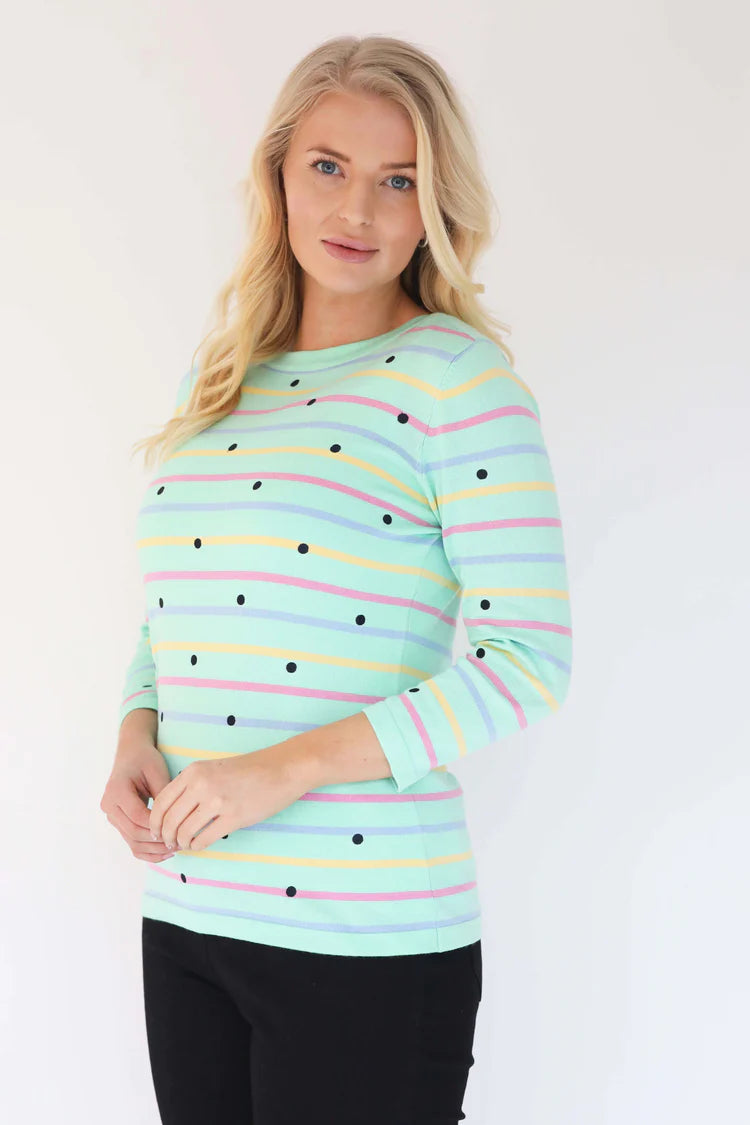 Mud Flower Ladies Polkadot Stripe Detail Jumper  Mint Combo