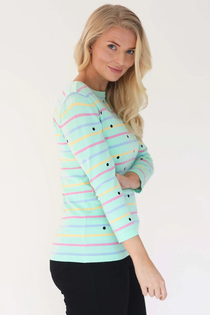 MudFlower Ladies Polkadot Stripe Detail Jumper  Mint Combo