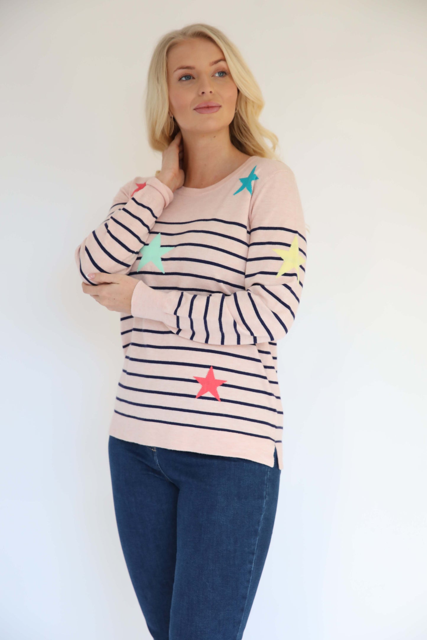 MudFlower Ladies Stars & Stripe`s Jumper 721   -  Peach Melange / Navy