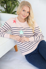 MudFlower Ladies Stars & Stripe`s Jumper 721   -  Peach Melange / Navy