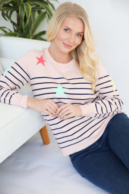 MudFlower Ladies Stars & Stripe`s Jumper 721   -  Peach Melange / Navy