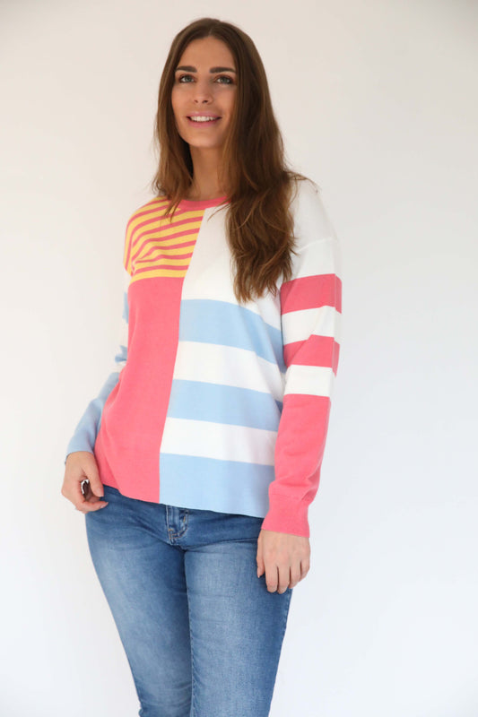 MudFlower Ladies Stripe & Colour Block Jumper with Heatstone 726  -  Coral Combo