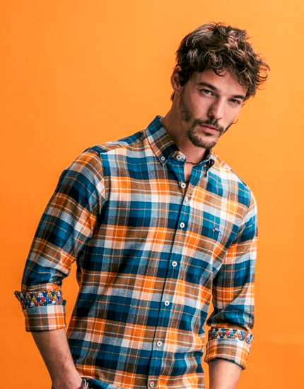 Surfcar Shirt Paris Cotton Navy & Orange Check - 202078