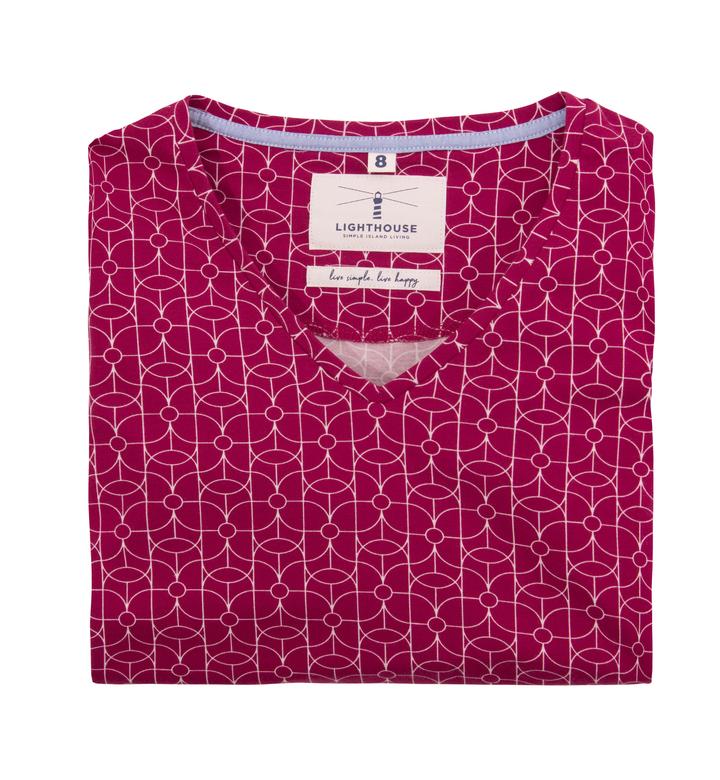Lighthouse Ariana in Raspberry Geo Print with 3/4 Length Cotton Sleeve Top Jersey