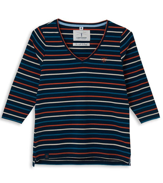 Lighthouse Ariana in Navy & Burnt Orange Stripe with 3/4 Length Cotton Sleeve Top Jersey