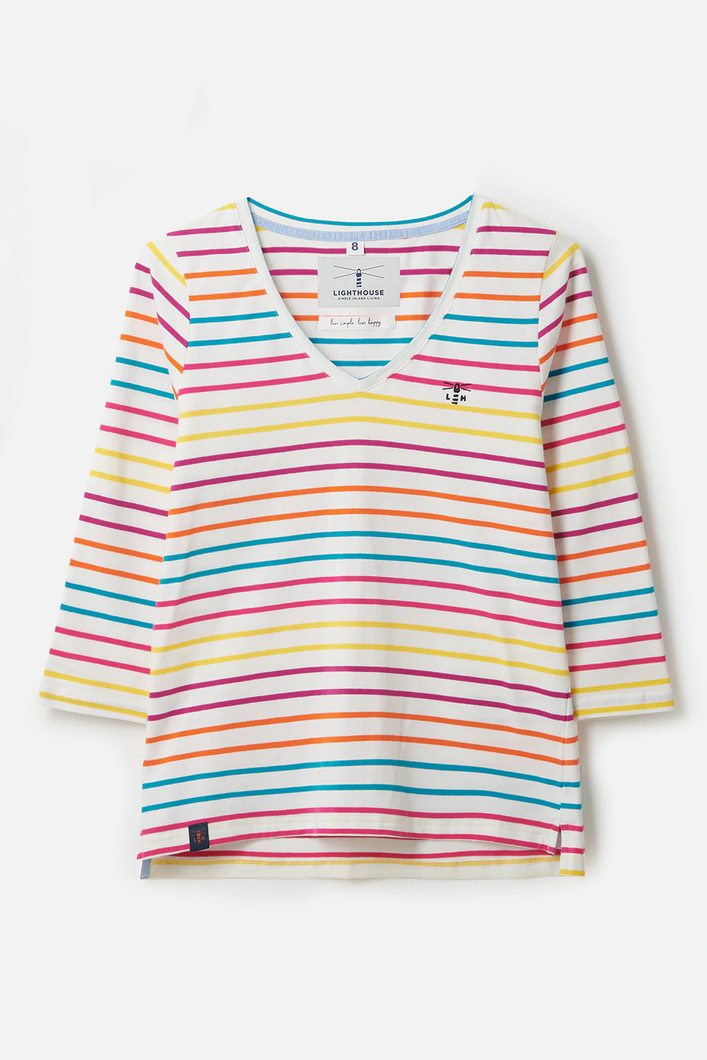 Lighthouse Ariana in Teal Pink Orange Stripe with 3/4 Length Sleeve Top