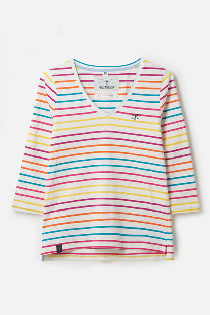 Lighthouse Ariana in Teal Pink Orange Stripe with 3/4 Length Sleeve Top