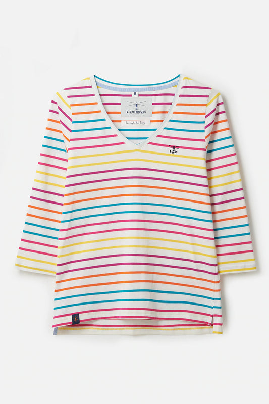 Lighthouse Ariana in Teal Pink Orange Stripe with 3/4 Length Sleeve Top
