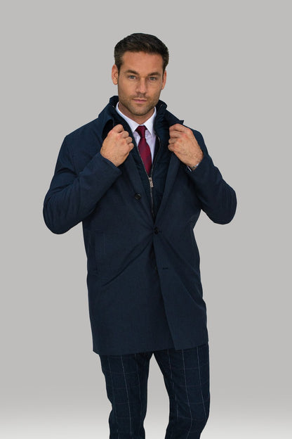 House of Cavani Brando Navy Blue Jacket OverCoat 3/4 Length with Soft Shell Inner Zip