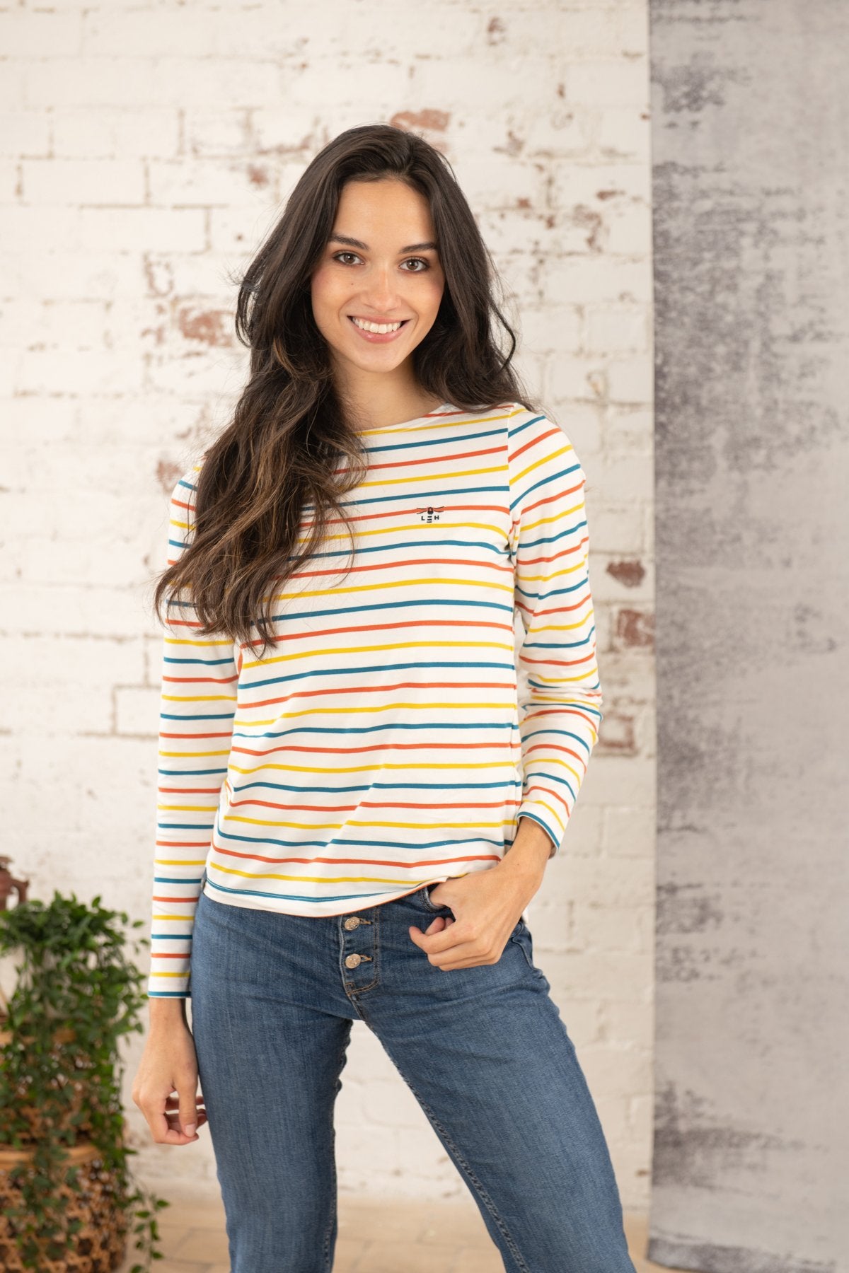 Lighthouse Causeway Breton Long Sleeve Top in Teal / Burnt Orange Stripe